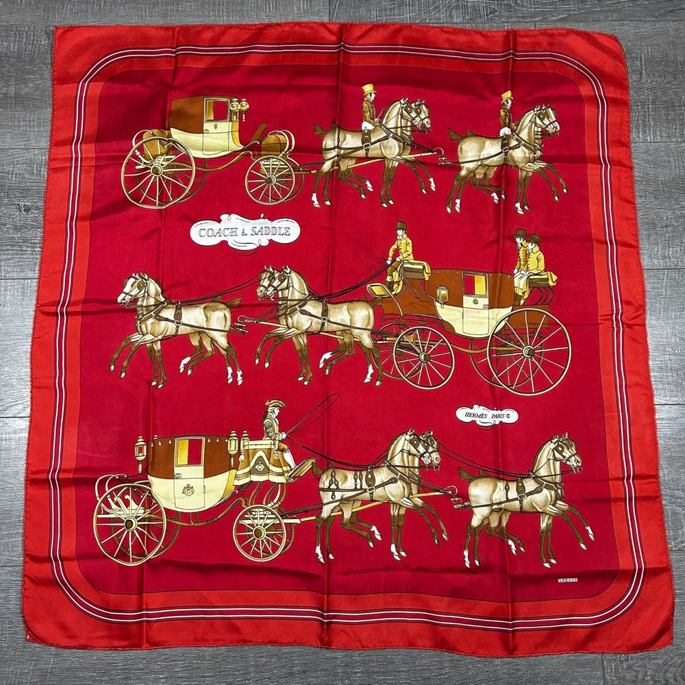 Hermes Paris Coach and Saddle Silk Scarf Red‎ Horse Carriage Designer Luxury - Picture 5 of 8